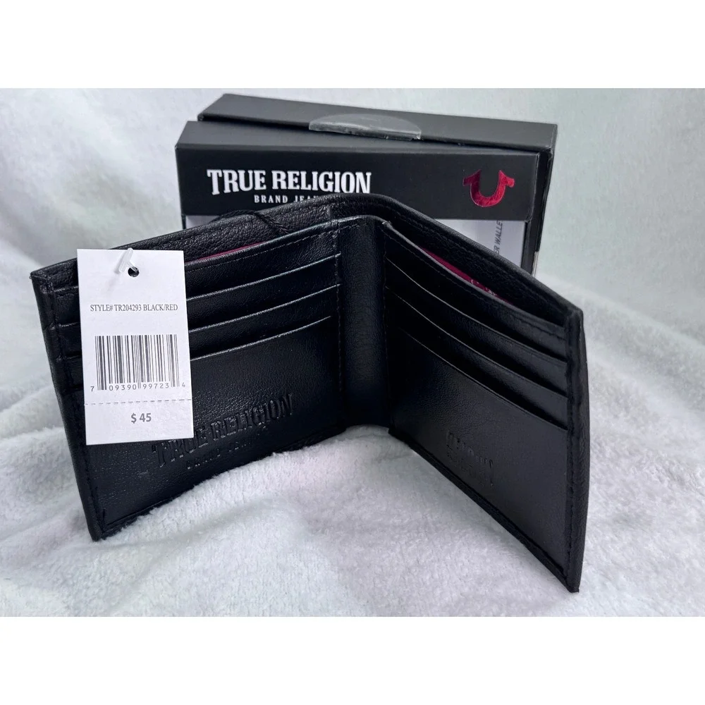 True Religion Black Leather Bifold Wallet Horseshoe Logo w/ Box NWT